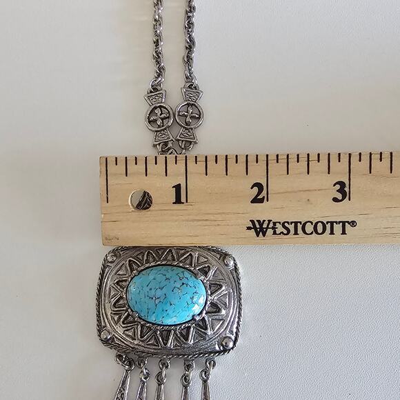 Vintage Native American Style Silver Engraved Turquoise Cabochon Necklace - Picture 8 of 8